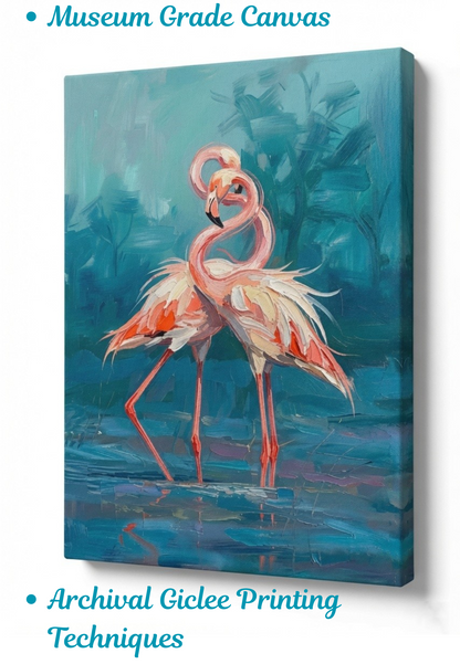 Flamingo Romance: Expressionist Pink Flamingo Couple Canvas Art Print