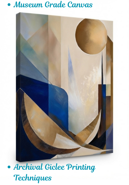 Celestial Voyage: Mid-Century Modern Blue and Gold Geometric Canvas Art Print