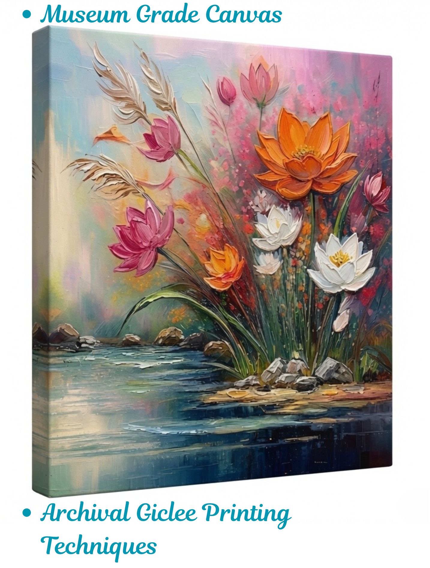 Riverbank Blossoms: Expressionist Heavy Texture Impasto Floral Canvas Art Print