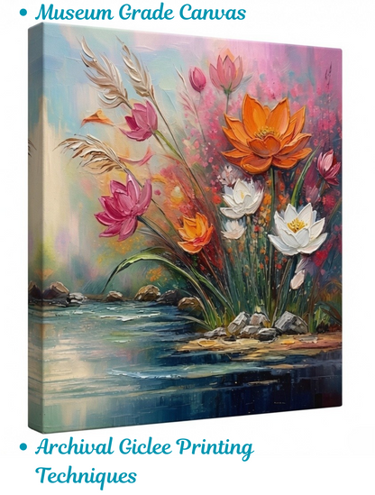 Riverbank Blossoms: Expressionist Heavy Texture Impasto Floral Canvas Art Print