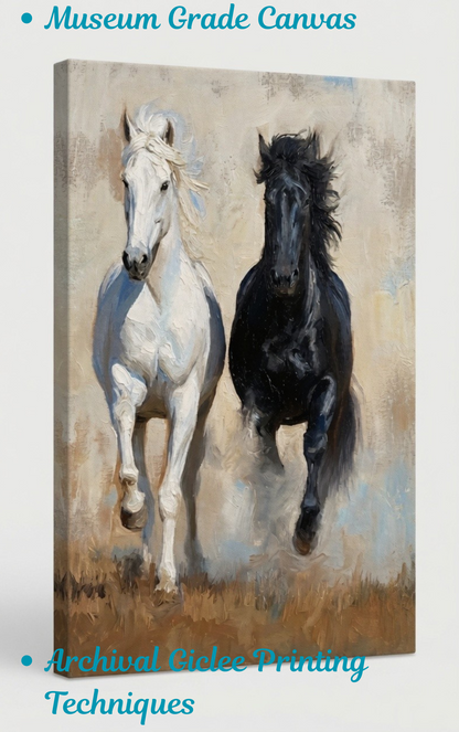 Dual Majesty: Black and White Horses Canvas Art Print