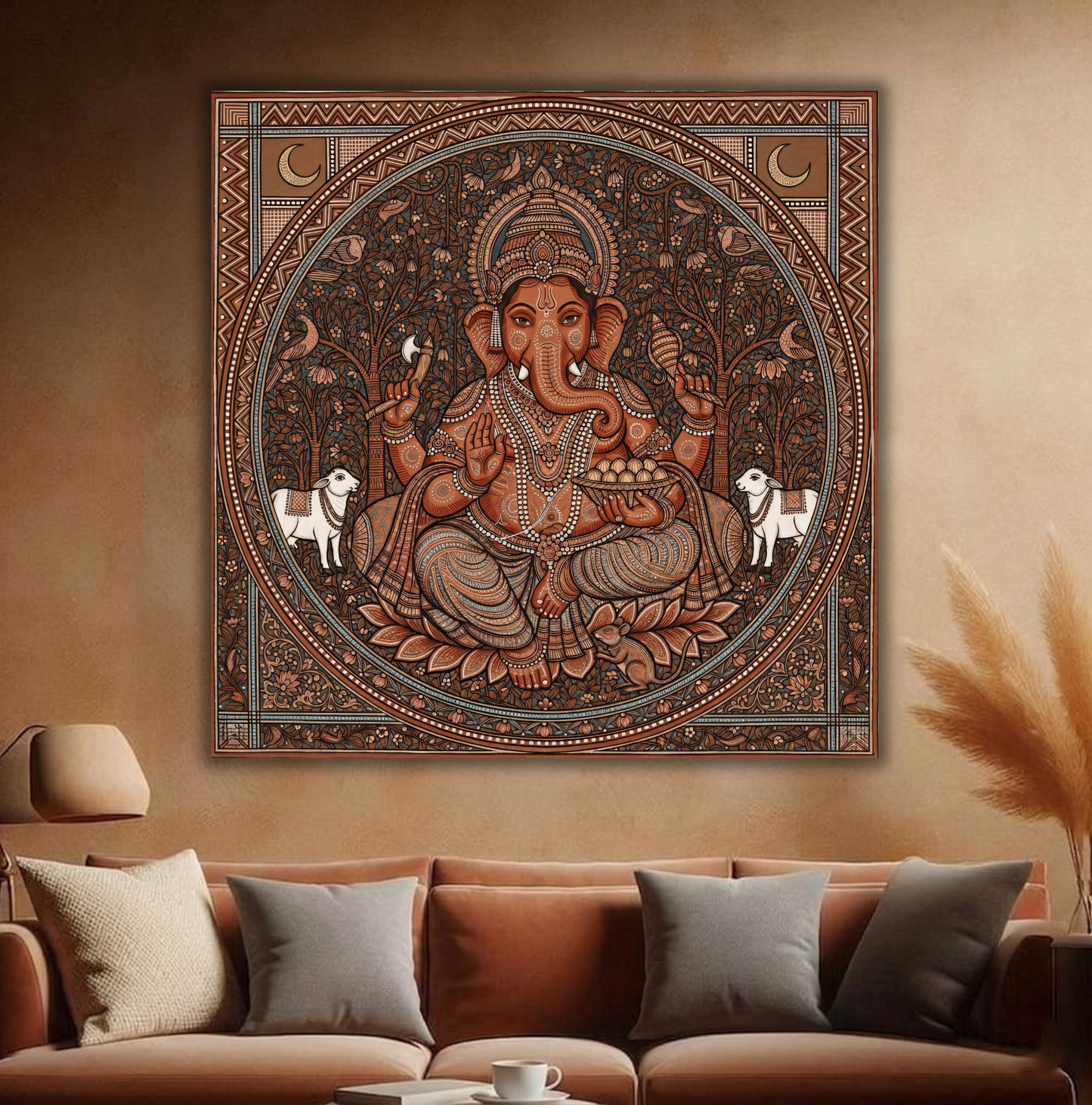 Sacred Mandala: Classical Terracotta and Ochre Ganesha Folklife Wall Art