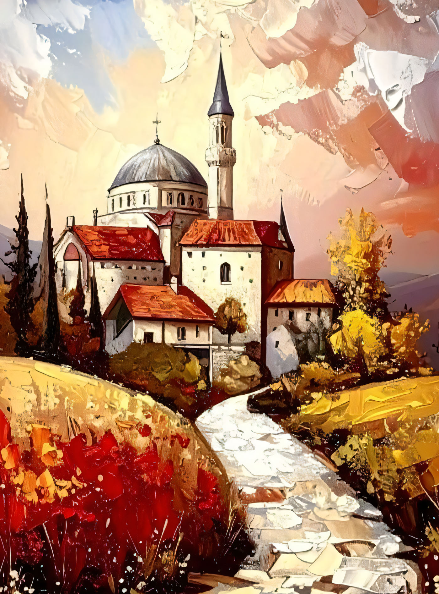 Vintage European Village Canvas Wall Art - Textured Impasto Oil Painting Print