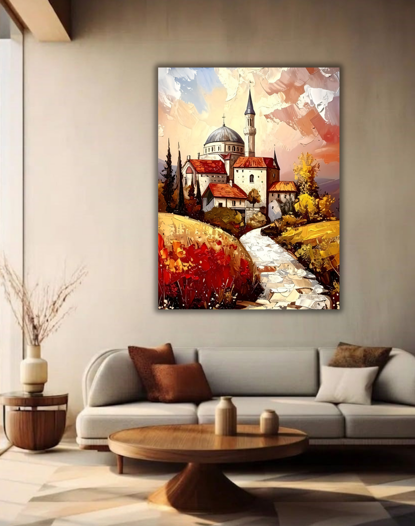 Vintage European Village Canvas Wall Art - Textured Impasto Oil Painting Print