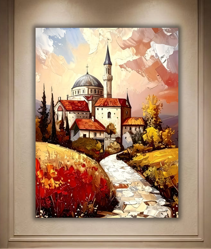 Vintage European Village Canvas Wall Art - Textured Impasto Oil Painting Print