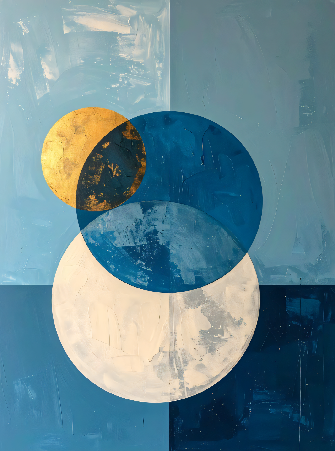 Blue and Gold Geometric Abstract Canvas Wall Art - Modern Celestial Moon Print