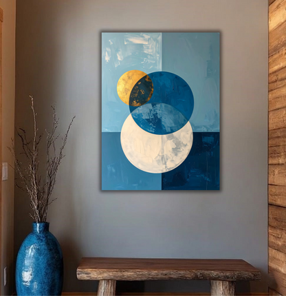 Blue and Gold Geometric Abstract Canvas Wall Art - Modern Celestial Moon Print