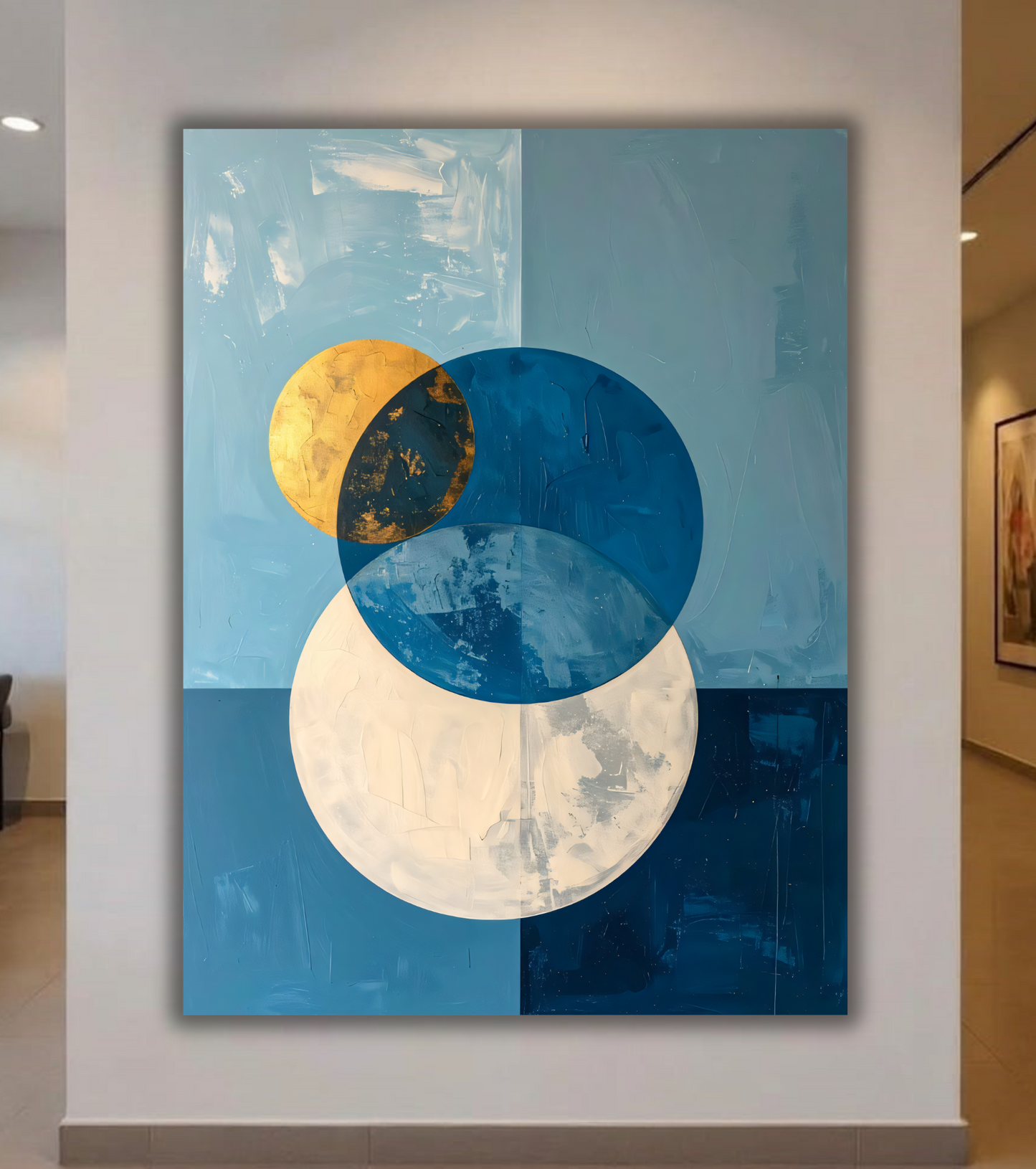 Blue and Gold Geometric Abstract Canvas Wall Art - Modern Celestial Moon Print