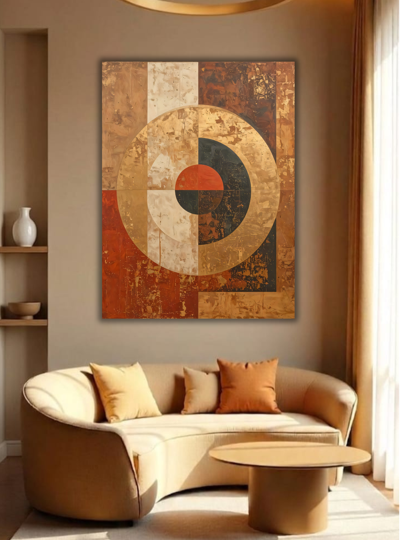 Rustic Geometric Abstract Canvas Wall Art - Distressed Mid-Century Earth Tone Print