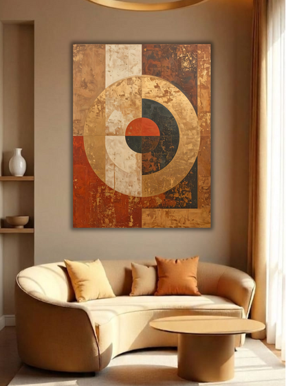 Rustic Geometric Abstract Canvas Wall Art - Distressed Mid-Century Earth Tone Print