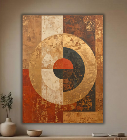 Rustic Geometric Abstract Canvas Wall Art - Distressed Mid-Century Earth Tone Print