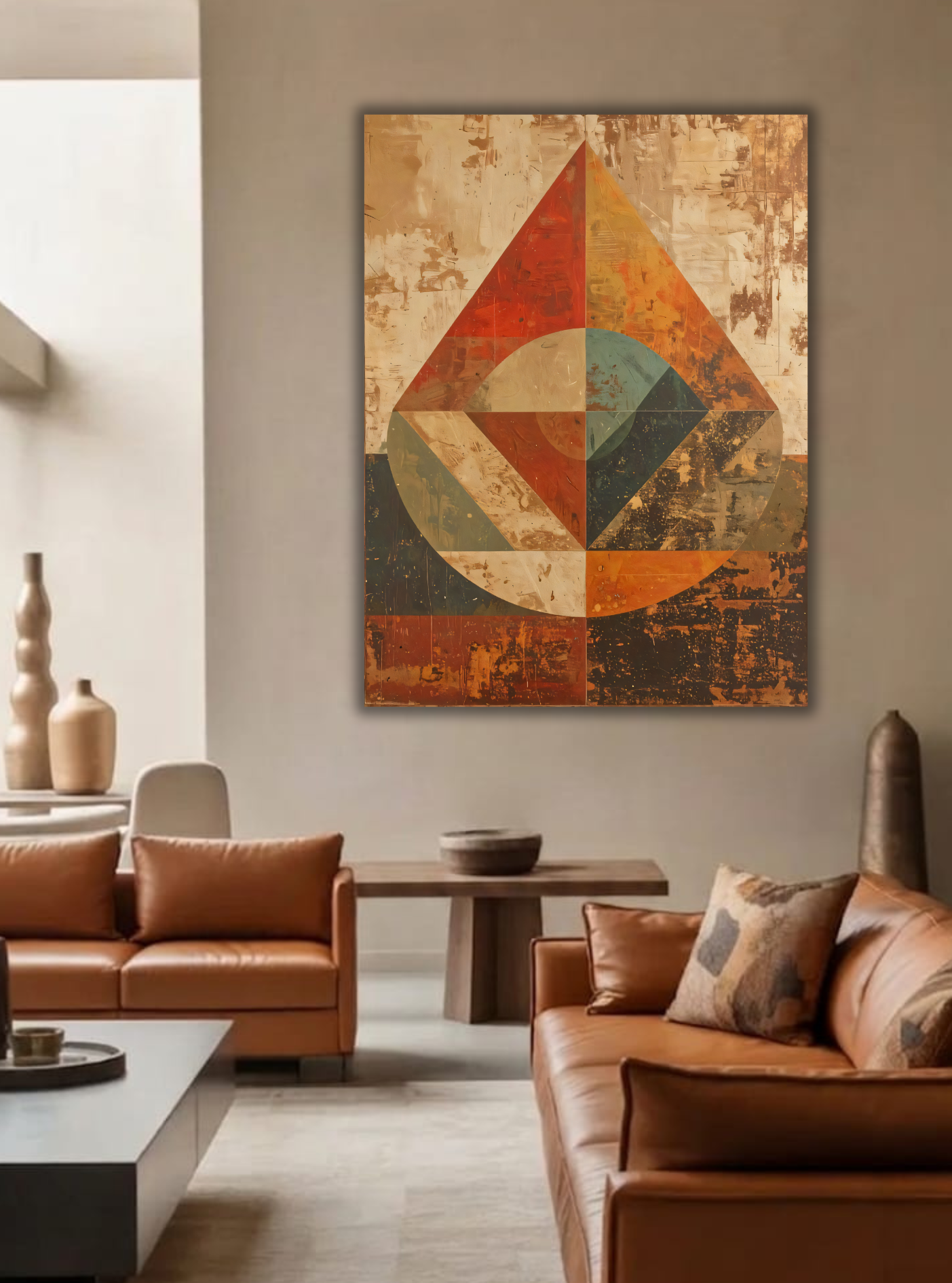 Rustic Geometric Abstract Canvas Wall Art - Distressed Mid-Century Earth Tone Print
