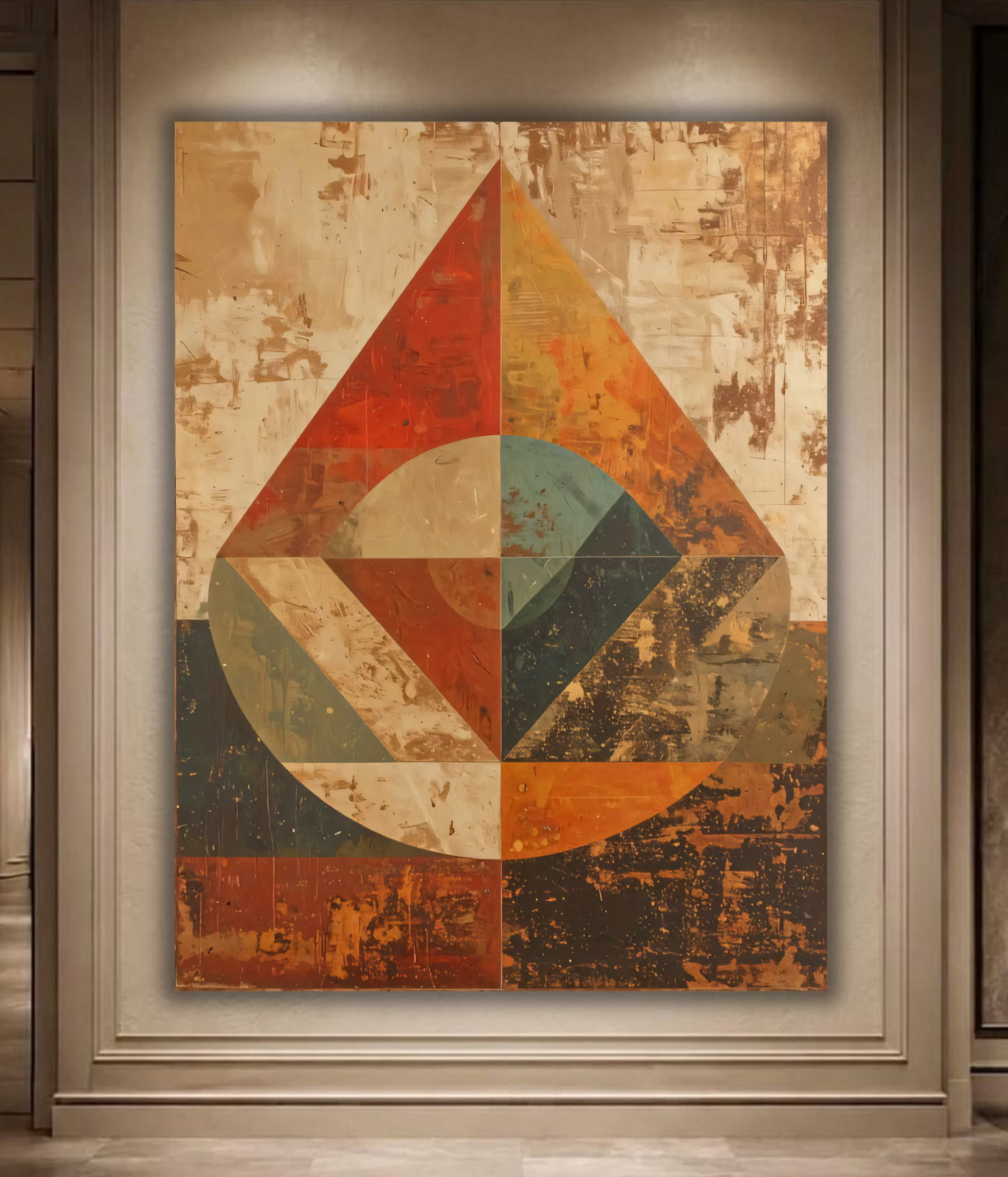 Rustic Geometric Abstract Canvas Wall Art - Distressed Mid-Century Earth Tone Print