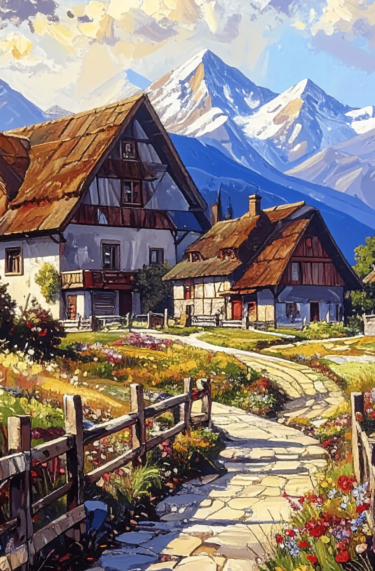 Alpine Village Canvas Wall Art - Rustic Mountain Cottage Landscape Print