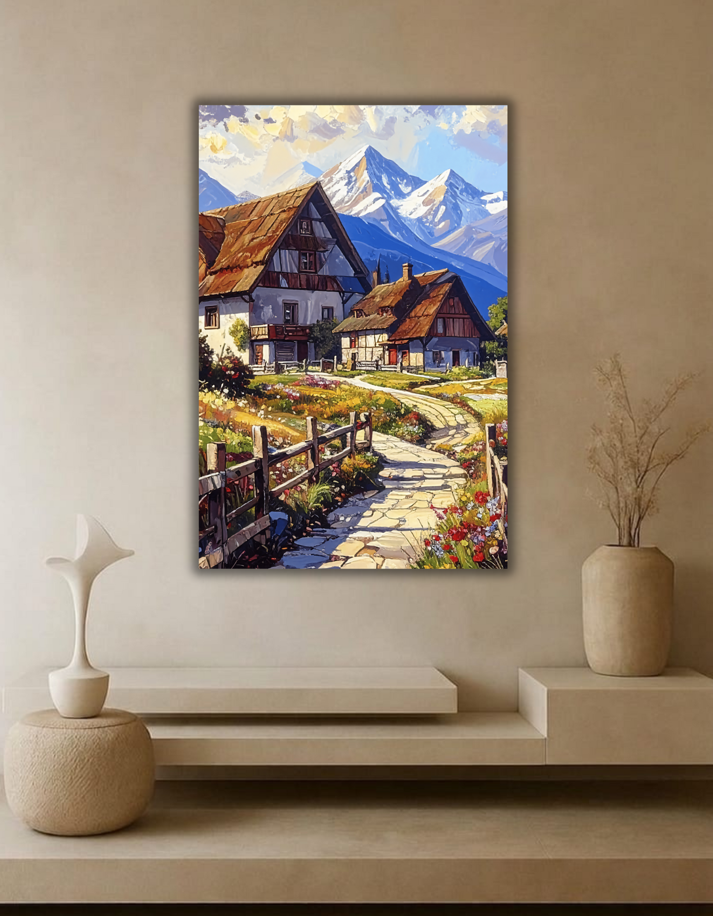 Alpine Village Canvas Wall Art - Rustic Mountain Cottage Landscape Print