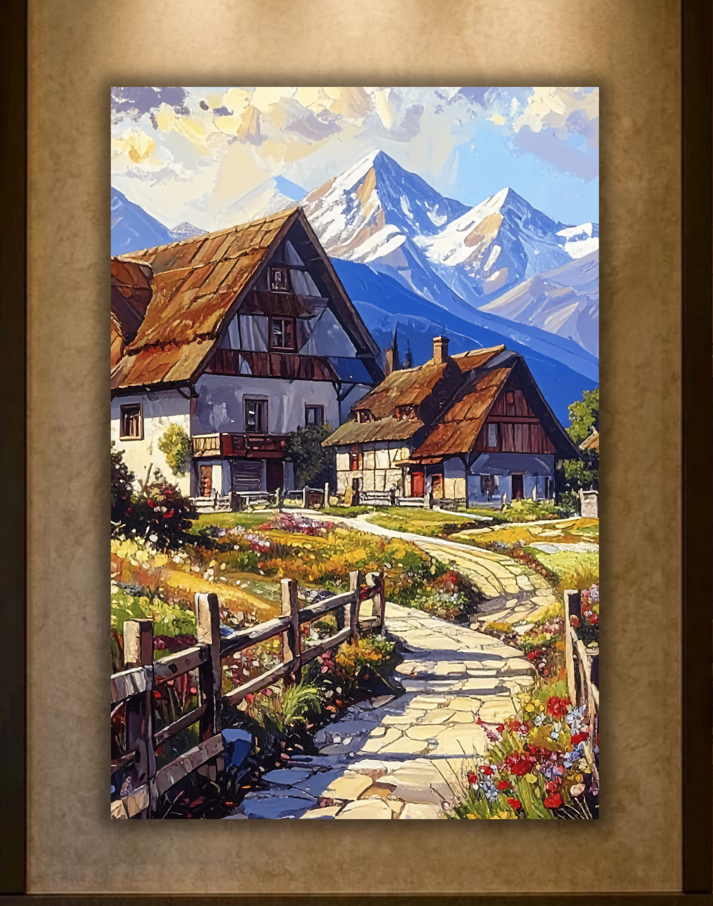 Alpine Village Canvas Wall Art - Rustic Mountain Cottage Landscape Print