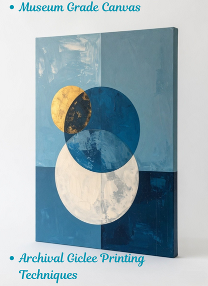 Blue and Gold Geometric Abstract Canvas Wall Art - Modern Celestial Moon Print