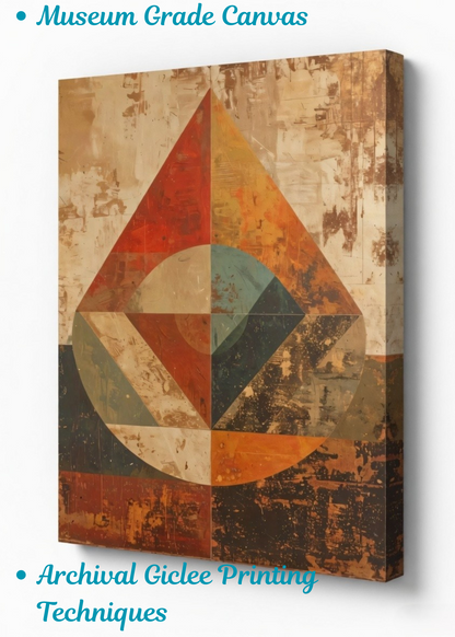 Rustic Geometric Abstract Canvas Wall Art - Distressed Mid-Century Earth Tone Print