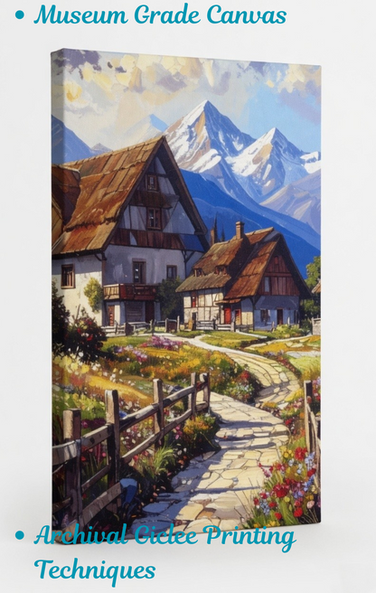 Alpine Village Canvas Wall Art - Rustic Mountain Cottage Landscape Print