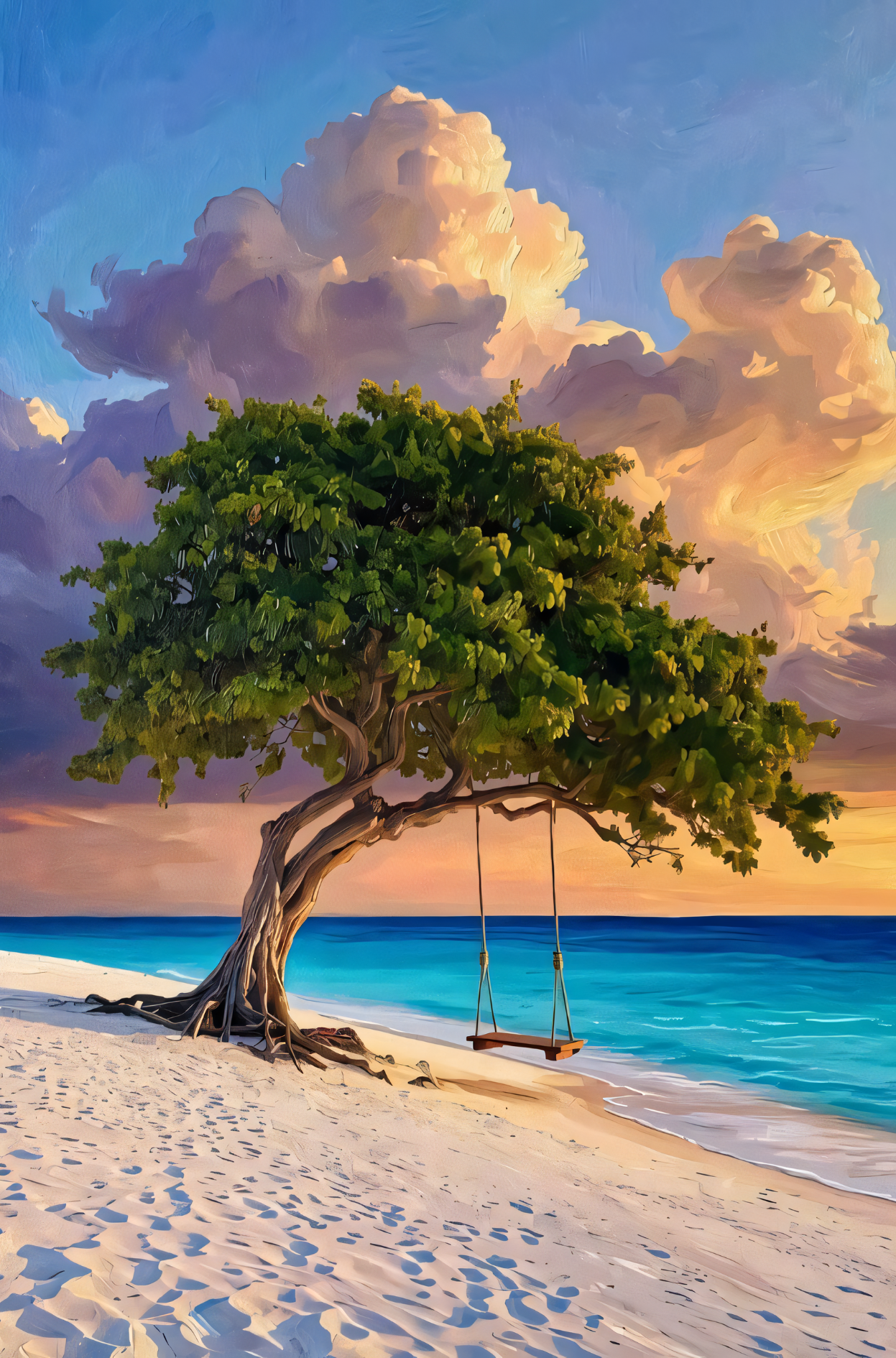 Tropical Beach Tree with Swing Canvas Wall Art - Ocean Sunset Landscape Print