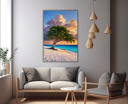 Tropical Beach Tree with Swing Canvas Wall Art - Ocean Sunset Landscape Print