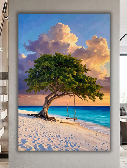 Tropical Beach Tree with Swing Canvas Wall Art - Ocean Sunset Landscape Print