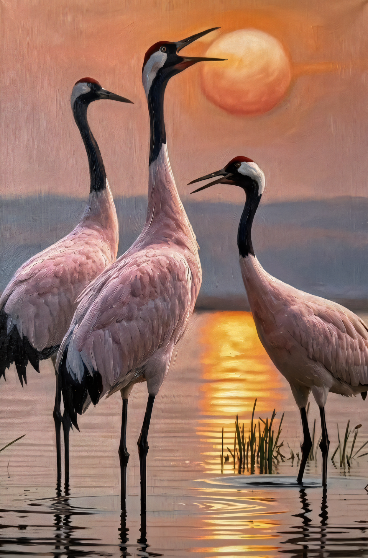Red-Crowned Cranes Sunset Canvas Wall Art - Elegant Japanese Wildlife Print