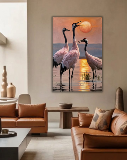 Red-Crowned Cranes Sunset Canvas Wall Art - Elegant Japanese Wildlife Print
