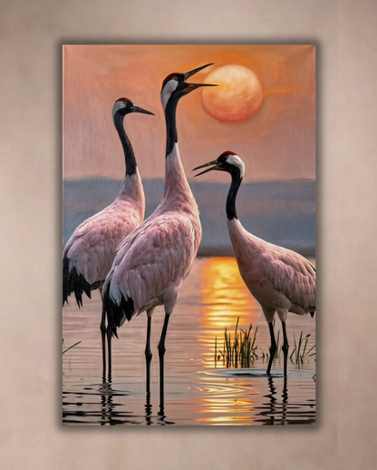 Red-Crowned Cranes Sunset Canvas Wall Art - Elegant Japanese Wildlife Print