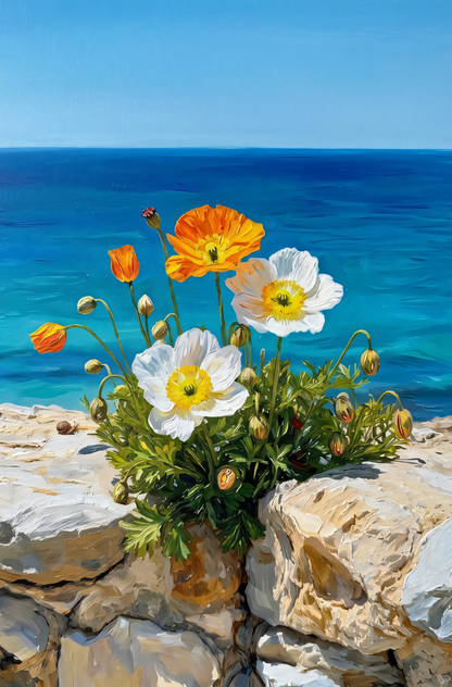 Coastal Poppies Ocean Canvas Wall Art - Wildflowers by the Sea Landscape Print