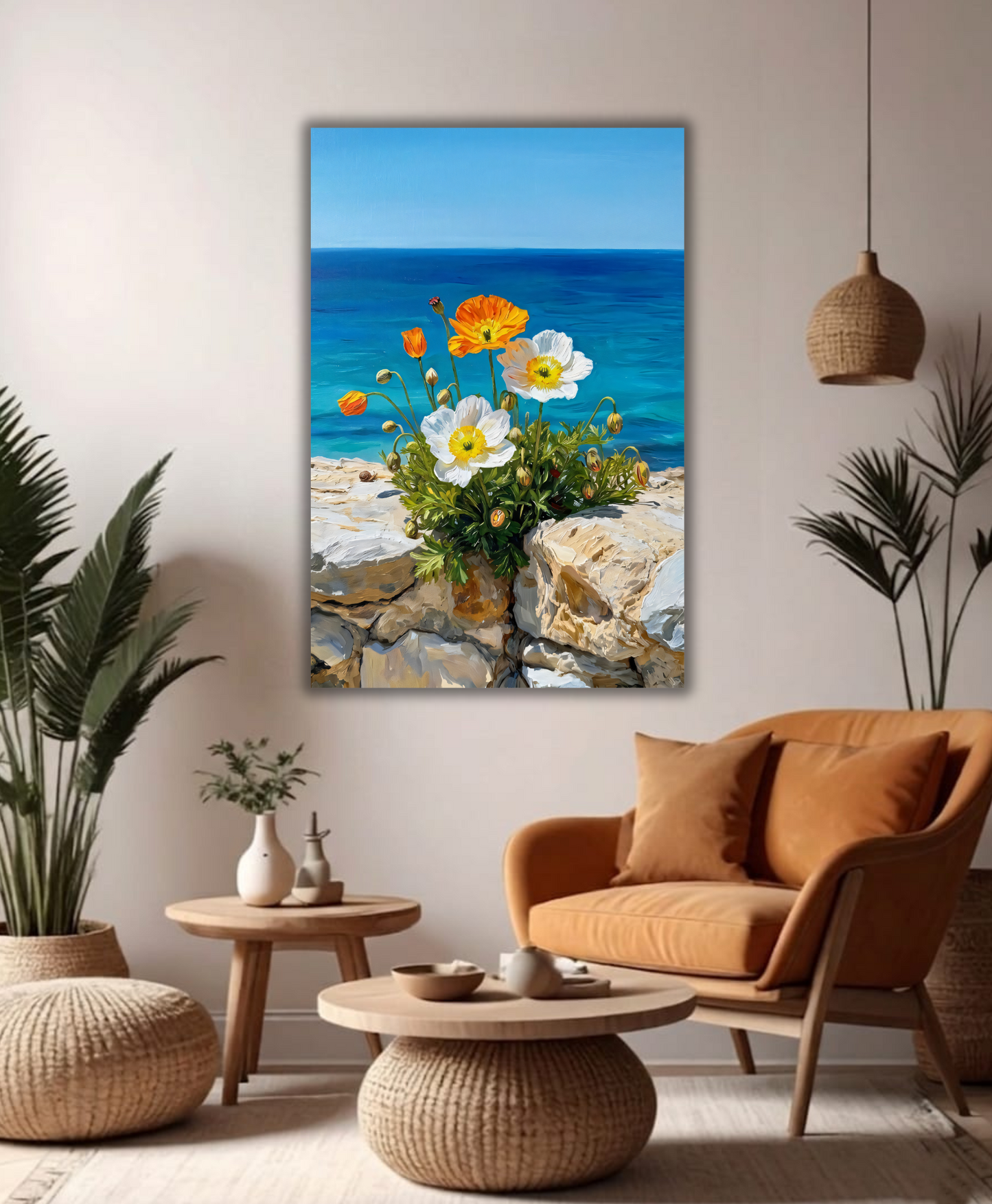 Coastal Poppies Ocean Canvas Wall Art - Wildflowers by the Sea Landscape Print