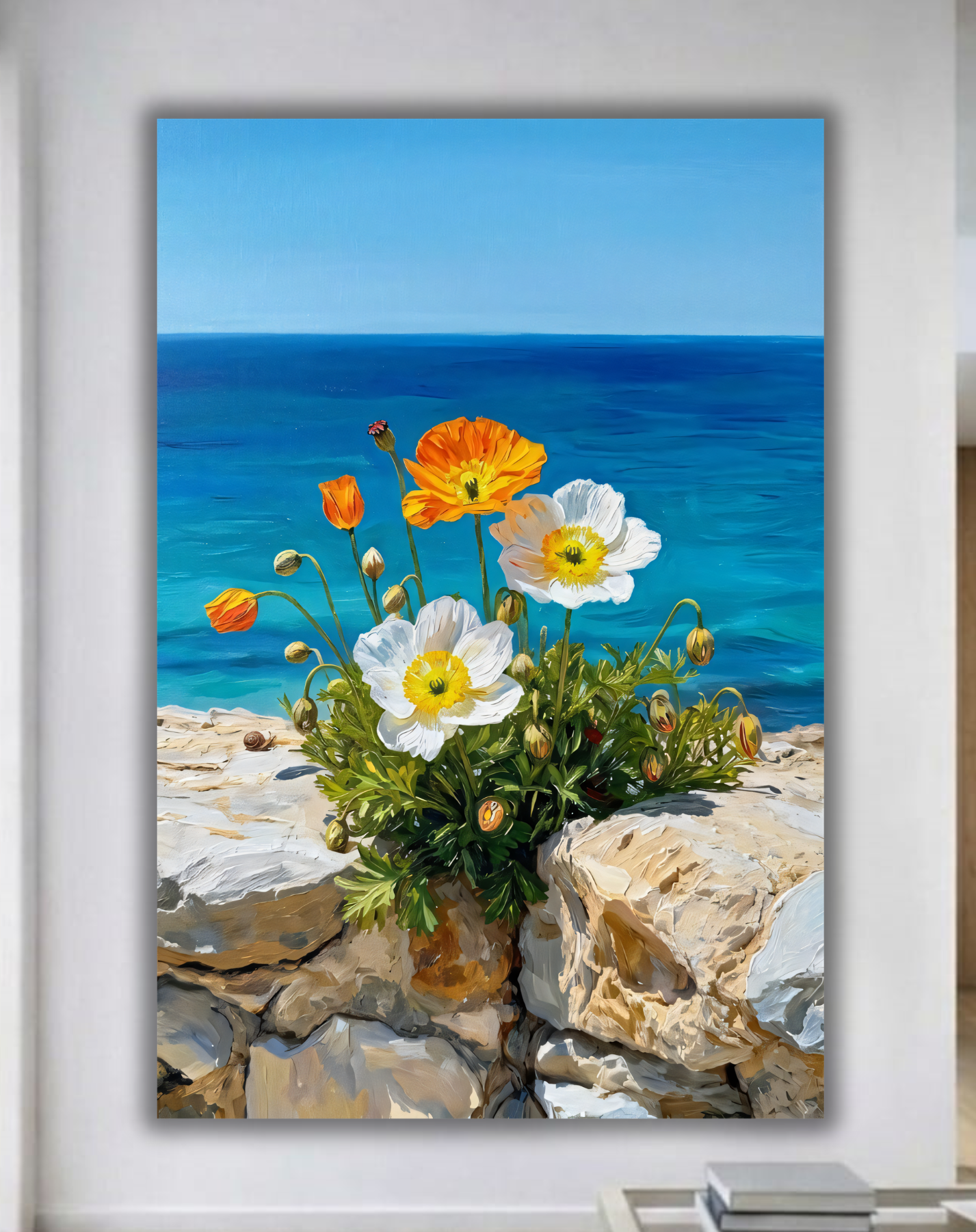Coastal Poppies Ocean Canvas Wall Art - Wildflowers by the Sea Landscape Print