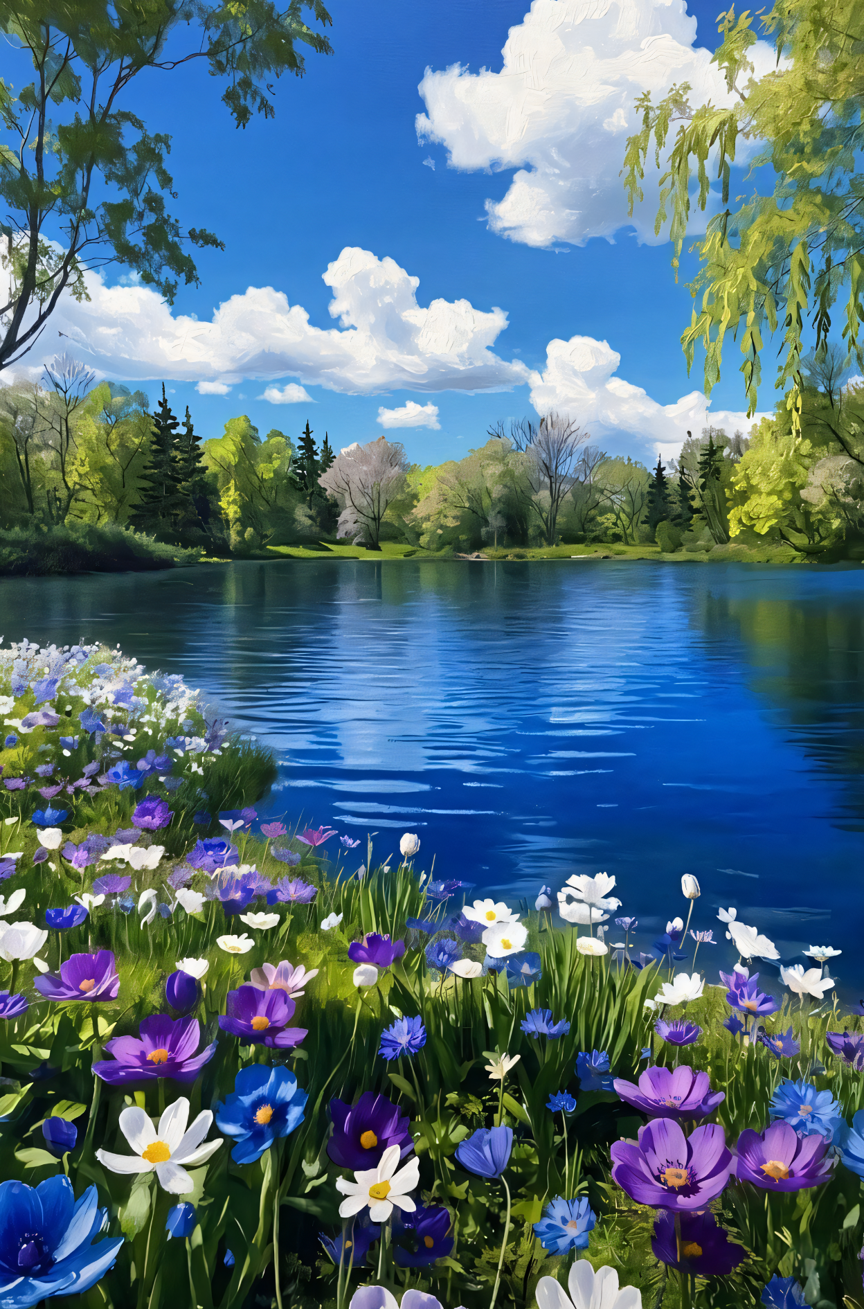 Lakeside Wildflowers Canvas Wall Art - Spring Meadow Lake Landscape Print