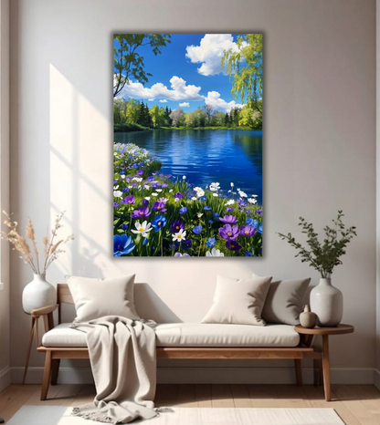 Lakeside Wildflowers Canvas Wall Art - Spring Meadow Lake Landscape Print