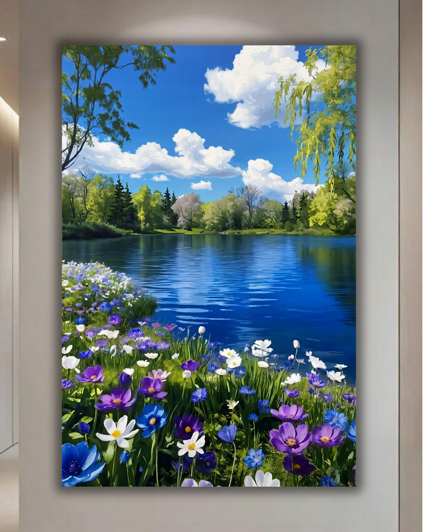 Lakeside Wildflowers Canvas Wall Art - Spring Meadow Lake Landscape Print