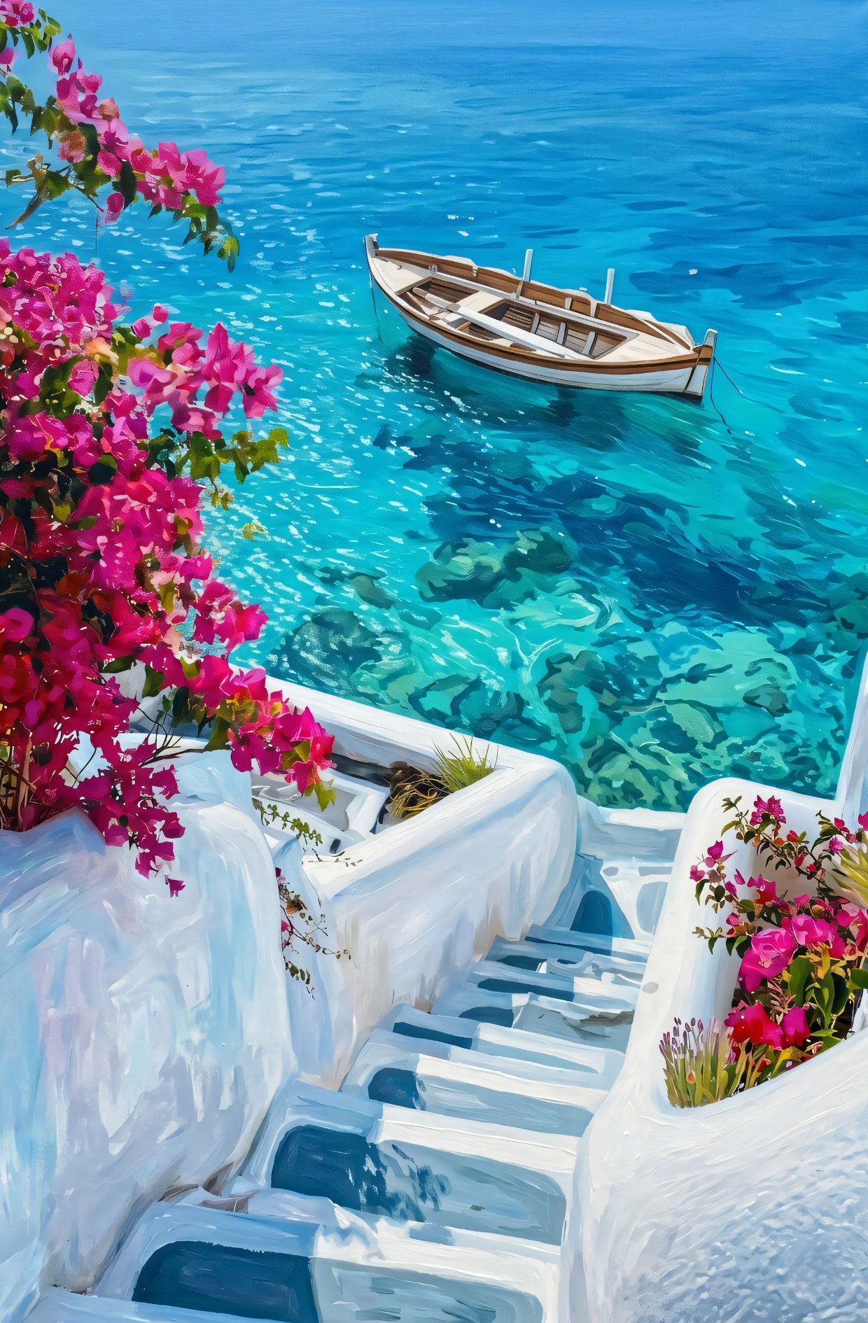 Greece Santorini Coastal Canvas Wall Art - Mediterranean Boat & Bougainvillea Print
