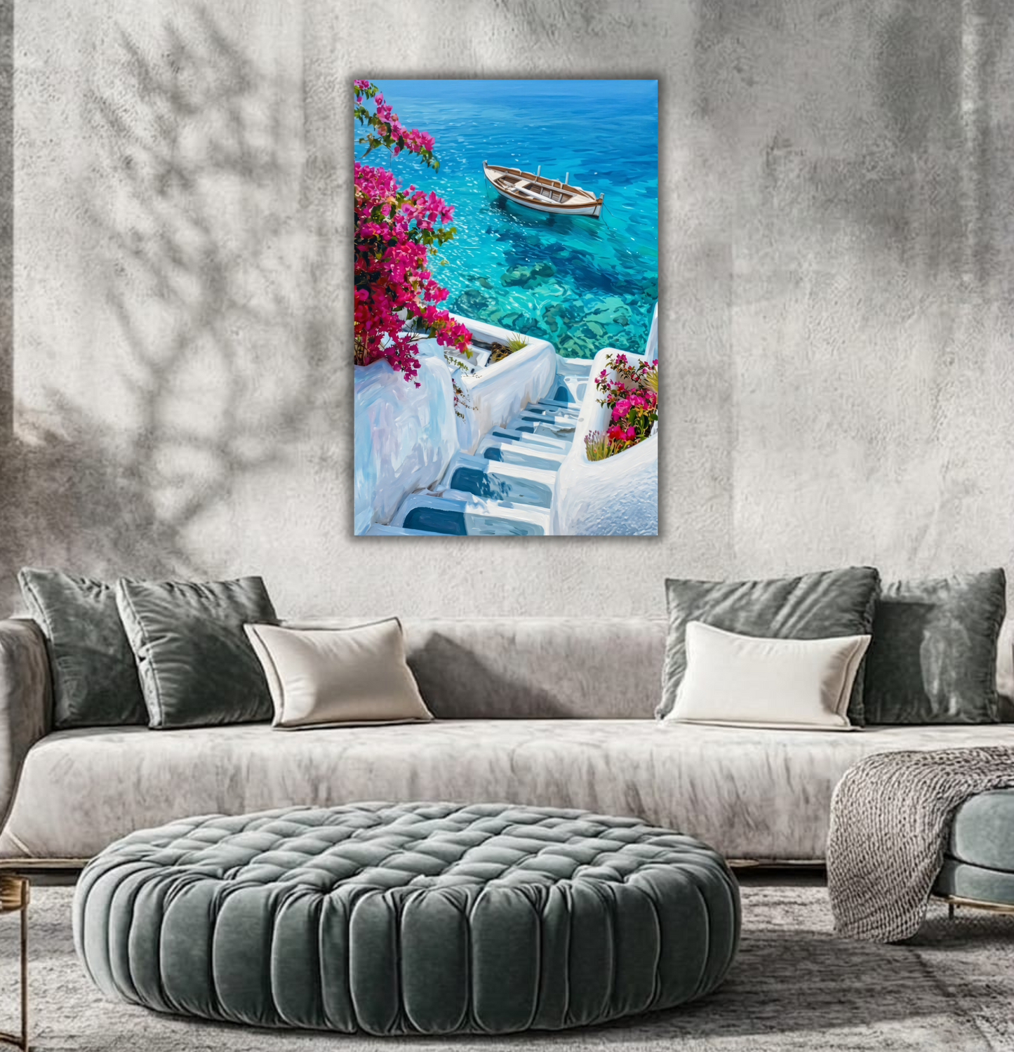Greece Santorini Coastal Canvas Wall Art - Mediterranean Boat & Bougainvillea Print