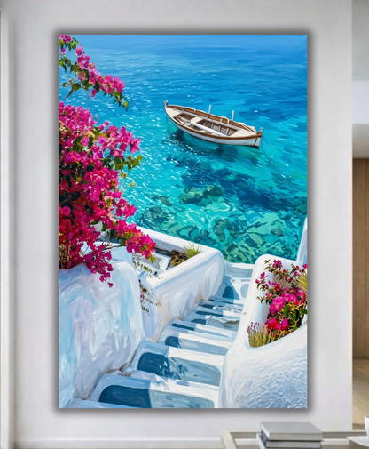 Greece Santorini Coastal Canvas Wall Art - Mediterranean Boat & Bougainvillea Print