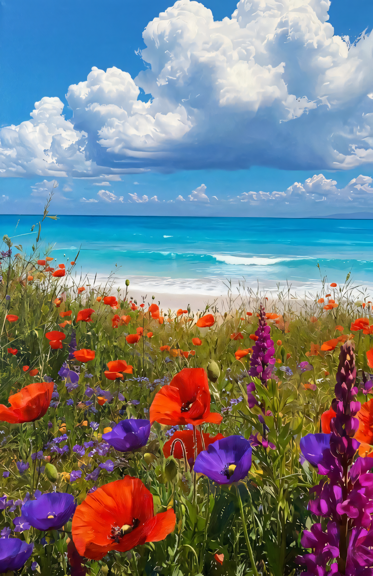Coastal Wildflowers Beach Canvas Wall Art - Ocean Meadow Landscape Print