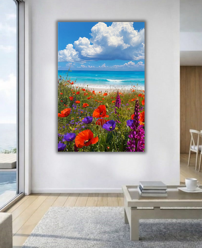 Coastal Wildflowers Beach Canvas Wall Art - Ocean Meadow Landscape Print
