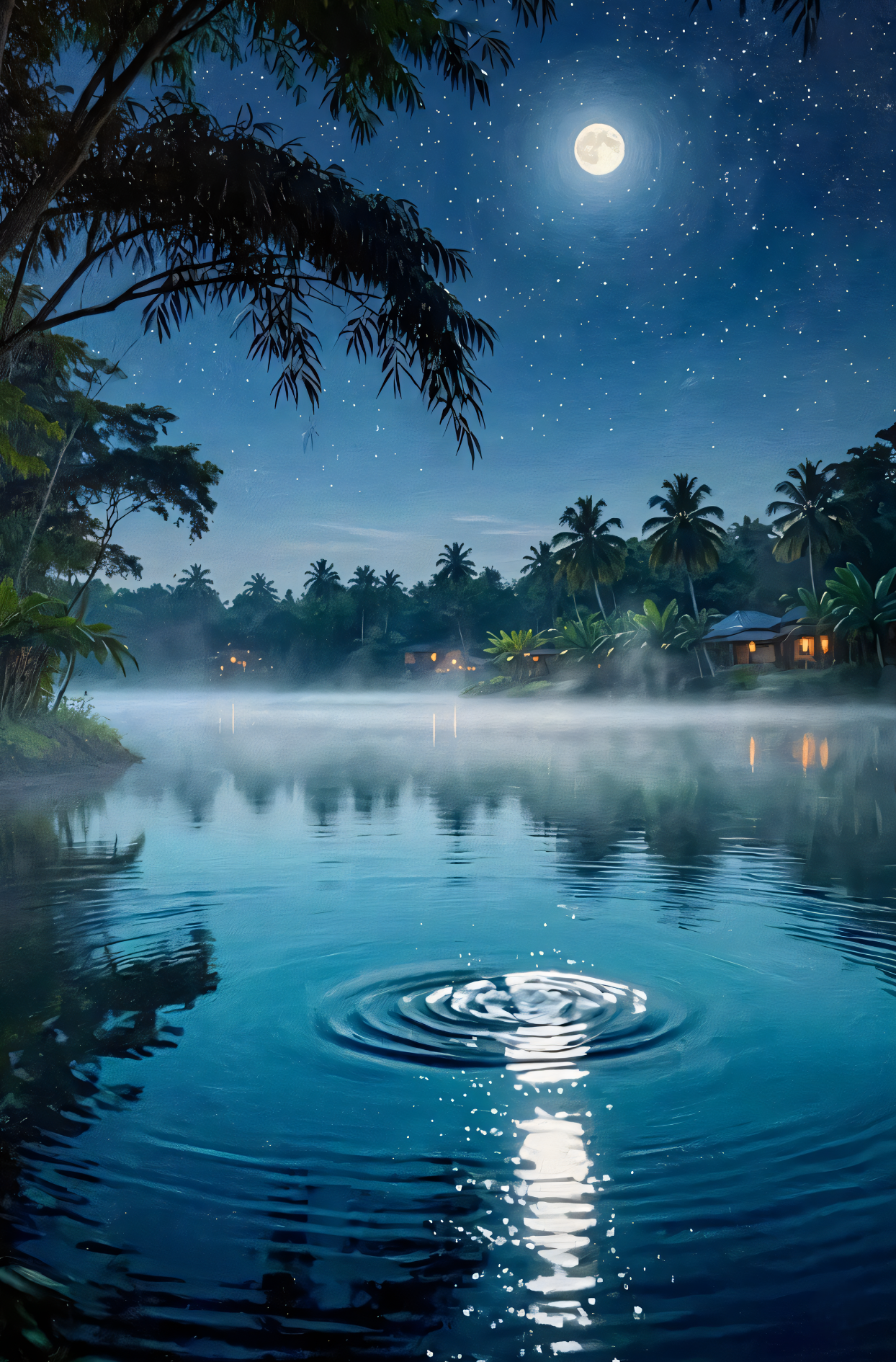 Full Moon Tropical Lagoon Canvas Wall Art - Starry Night Jungle Landscape Print