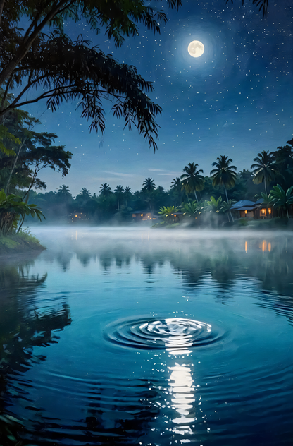 Full Moon Tropical Lagoon Canvas Wall Art - Starry Night Jungle Landscape Print