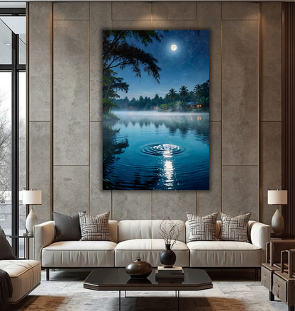 Full Moon Tropical Lagoon Canvas Wall Art - Starry Night Jungle Landscape Print