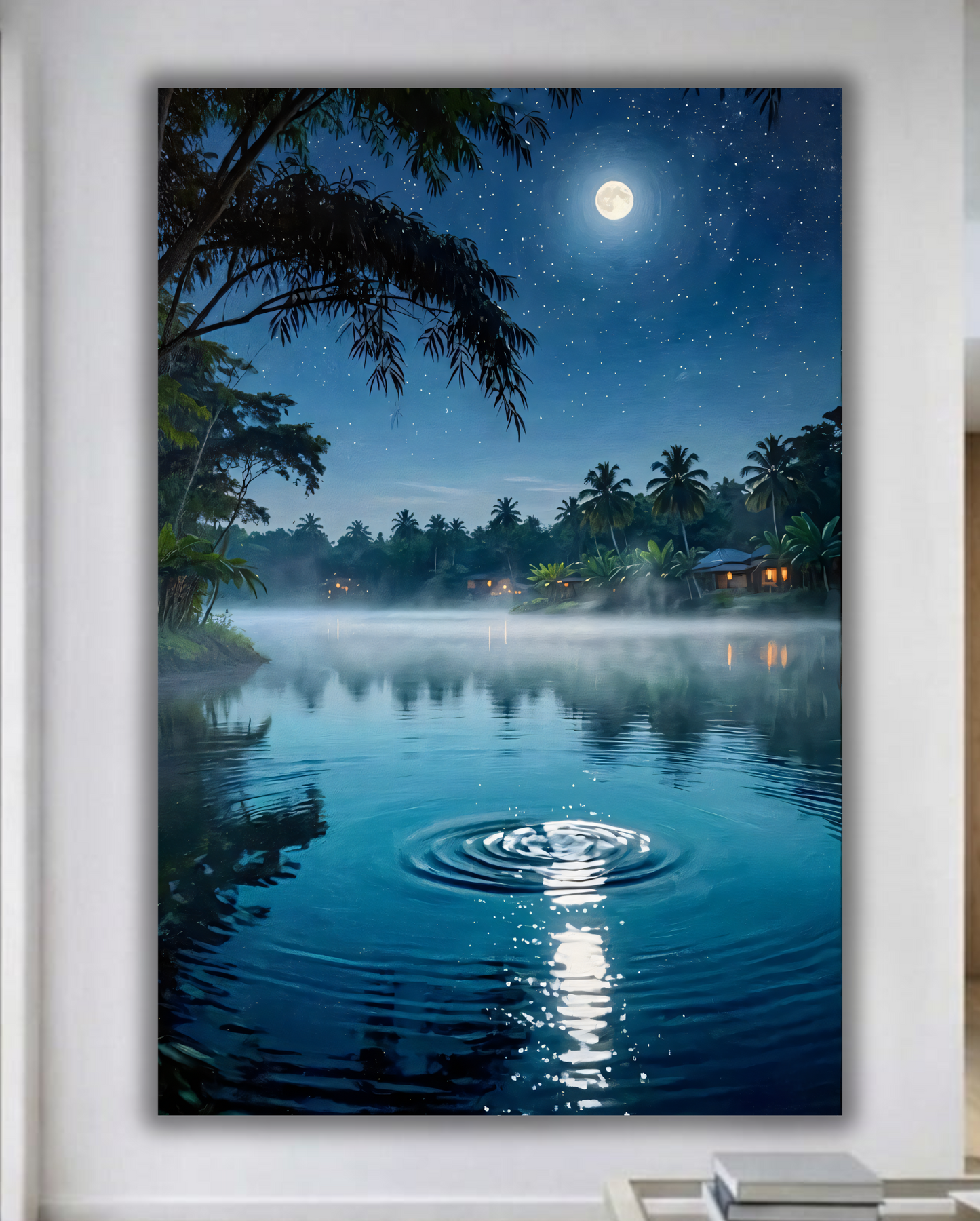 Full Moon Tropical Lagoon Canvas Wall Art - Starry Night Jungle Landscape Print