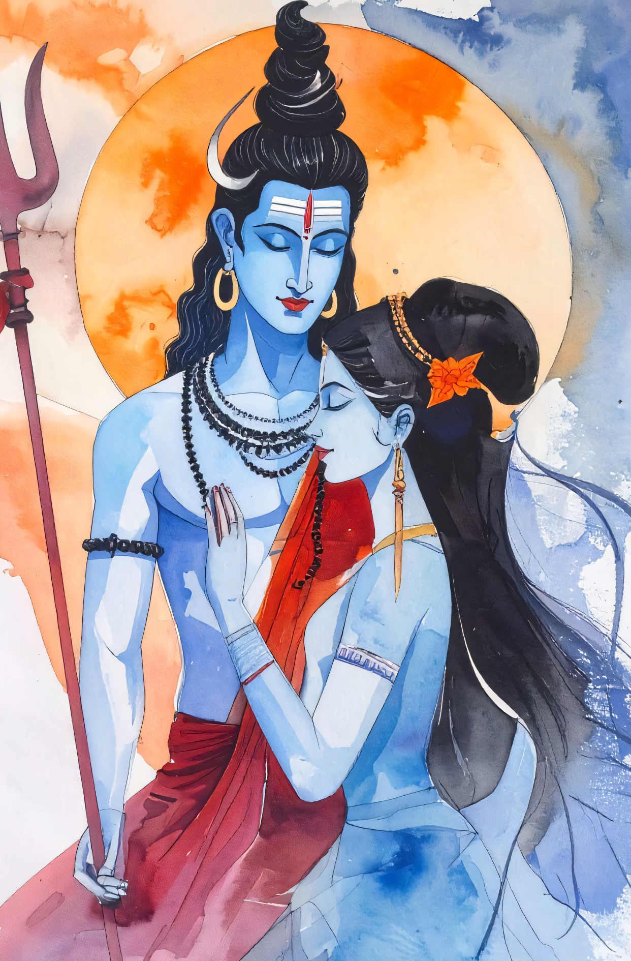 Shiva Parvati Watercolor Canvas Wall Art - Divine Love Spiritual Hindu Portrait