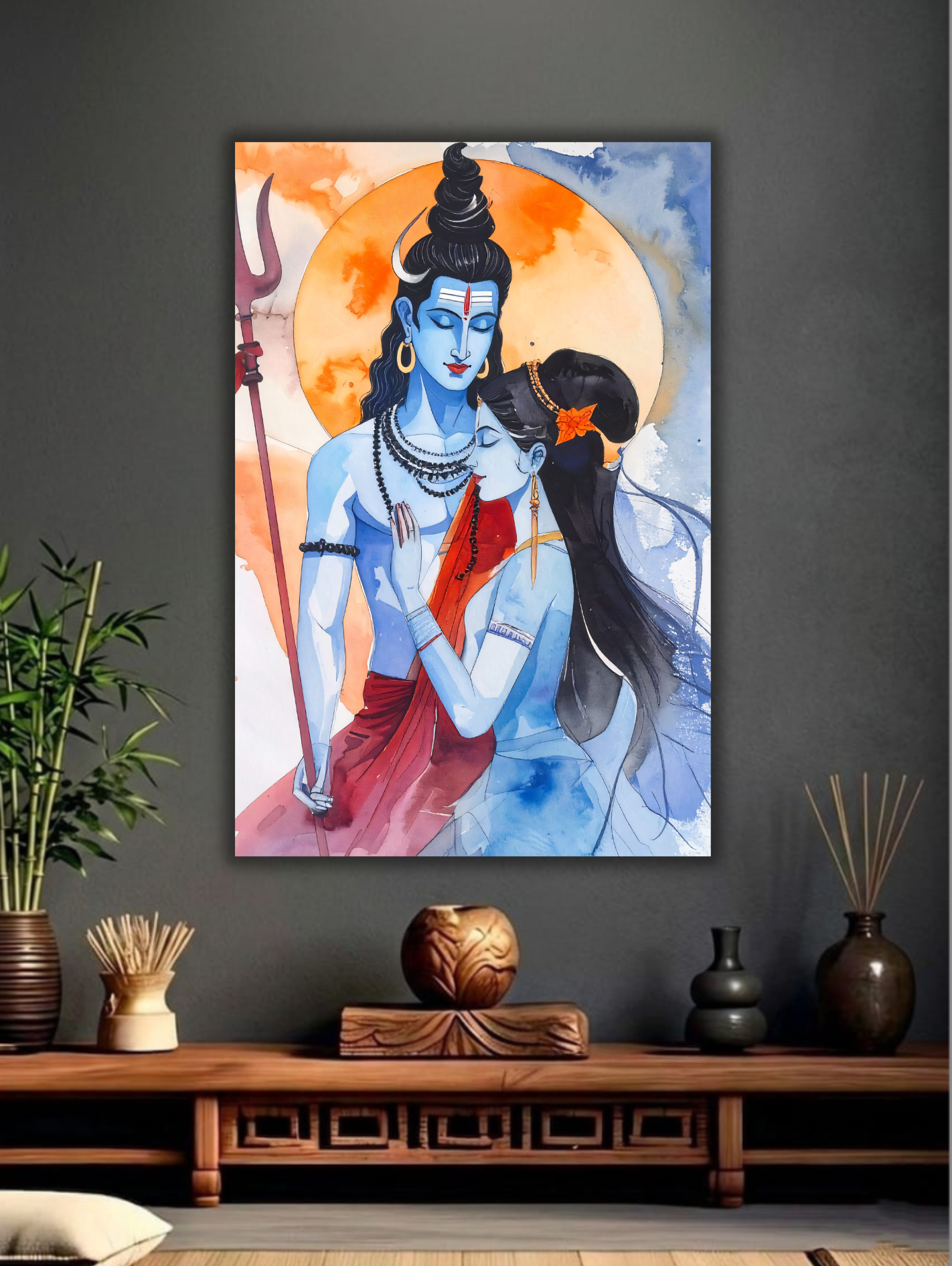 Shiva Parvati Watercolor Canvas Wall Art - Divine Love Spiritual Hindu Portrait