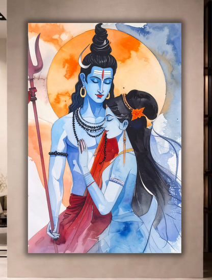 Shiva Parvati Watercolor Canvas Wall Art - Divine Love Spiritual Hindu Portrait