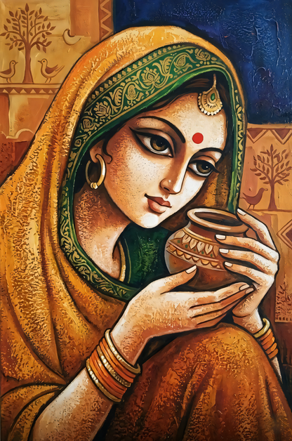 Traditional Indian Village Woman Canvas Wall Art - Ethnic Folk Portrait Print
