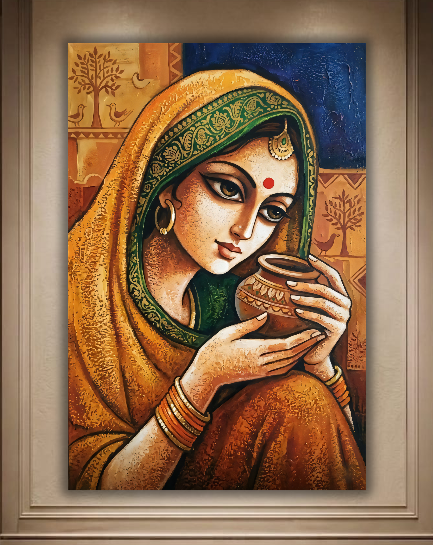 Traditional Indian Village Woman Canvas Wall Art - Ethnic Folk Portrait Print