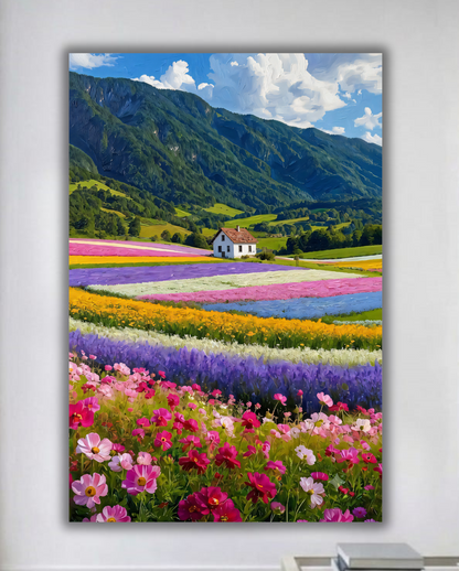 Alpine Flower Field Canvas Wall Art - Colorful Mountain Landscape Print